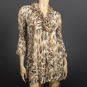 Y2K Animal Print Ruffled Chiffon Babydoll Tunic Top Mini Dress Size M Beige